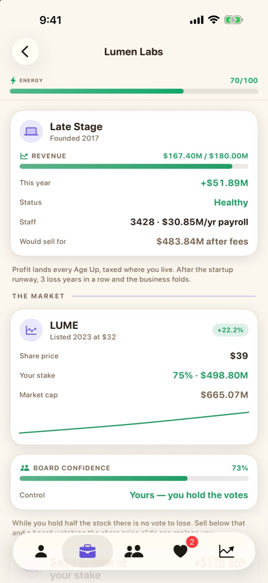 A tech company listed on the market, with revenue, profit and share price.
